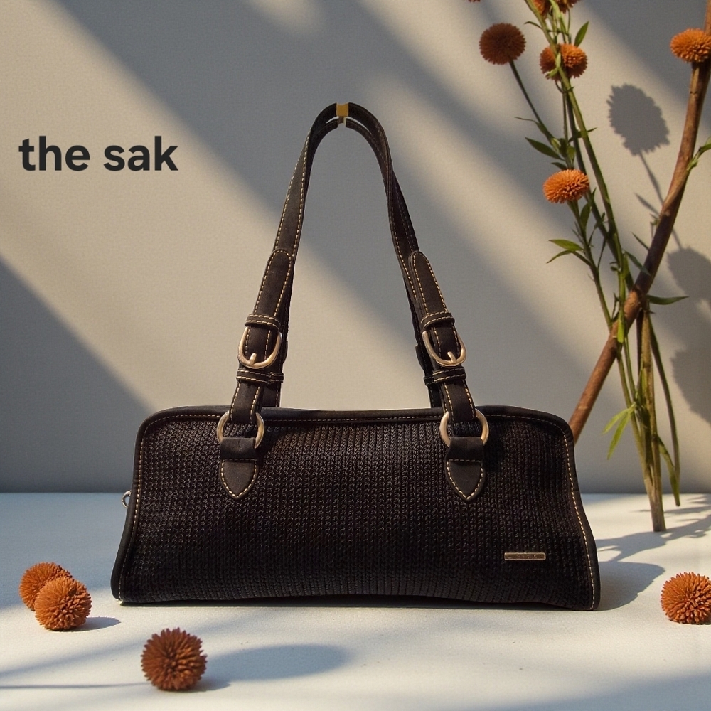 The Sak Black Crochet Baguette Shoulder Bag -East West Boho